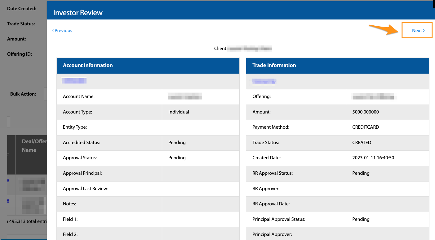 Investor Review page showing Account Information and Trade Information with the Next button highlighted