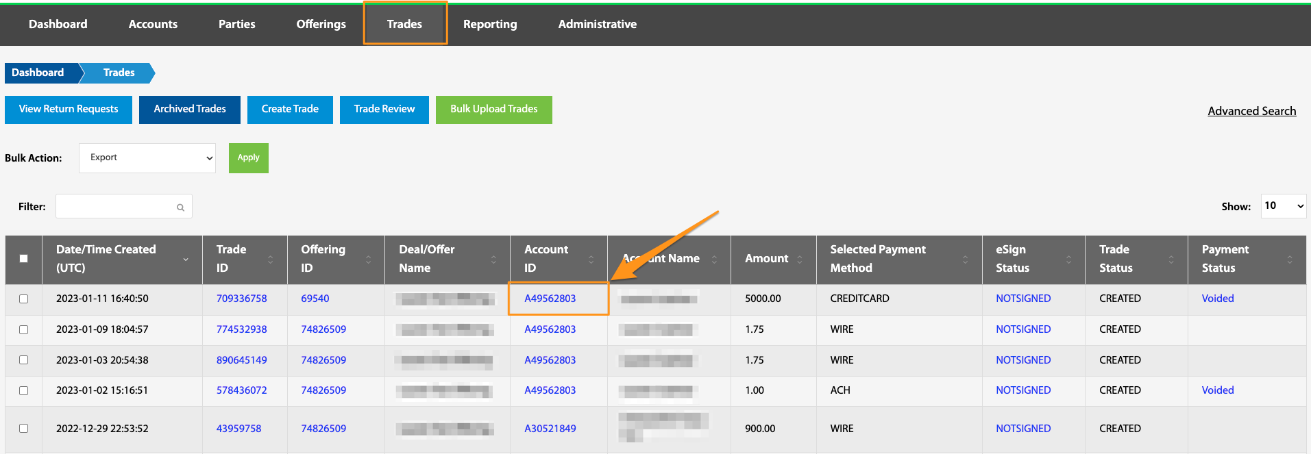 Account ID column highlighted on the Trades table