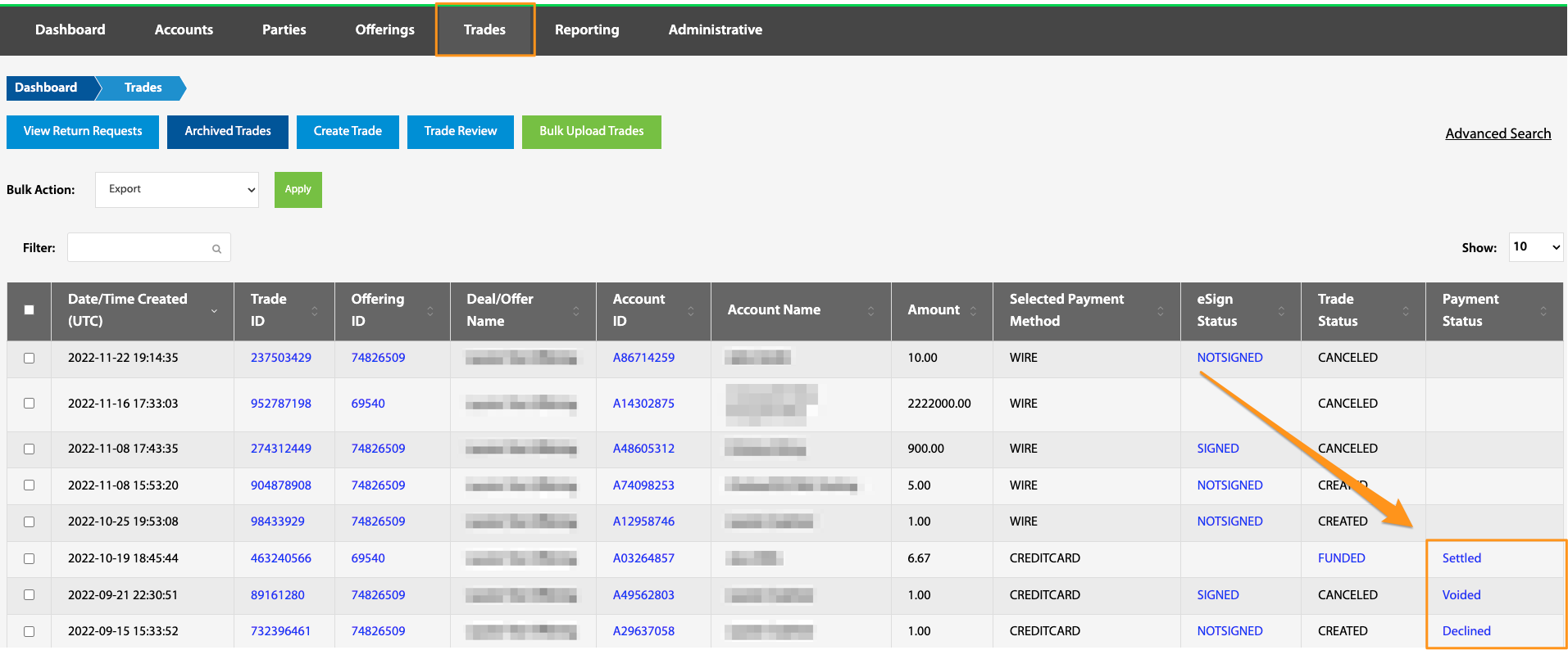 Payment Status column highlighted on the Trades table