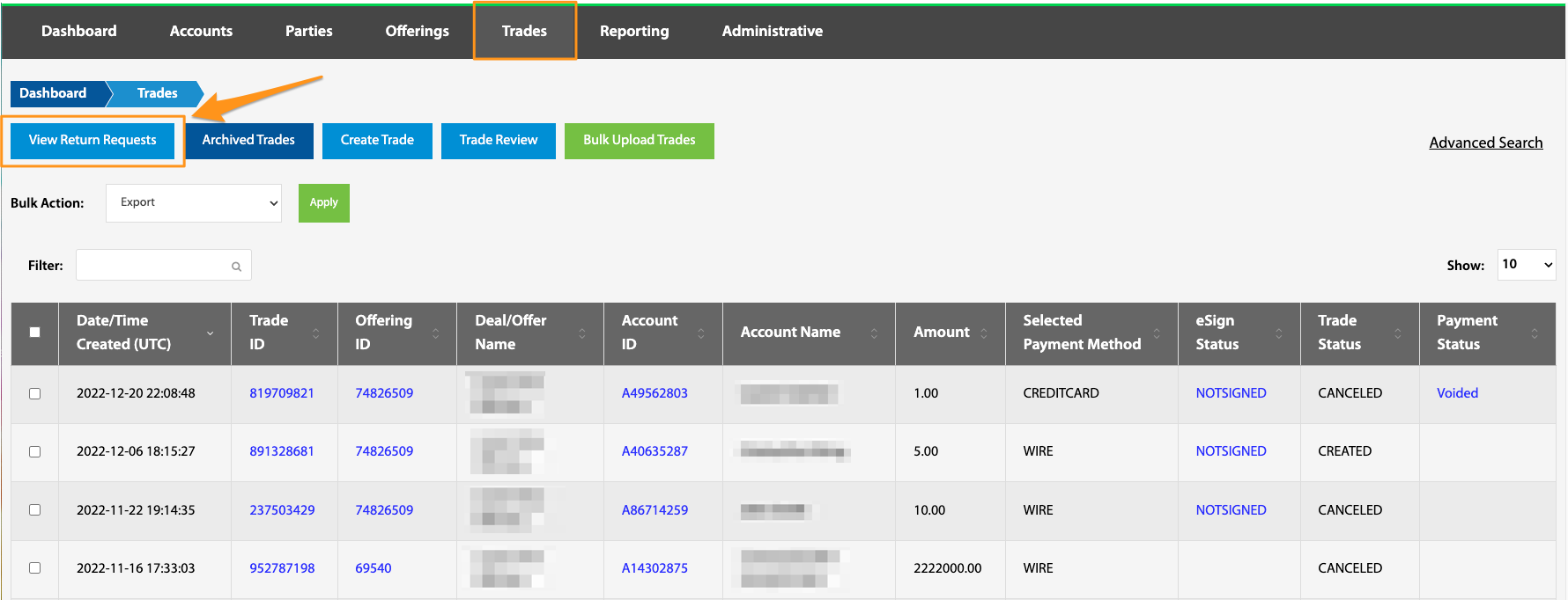 View Return Requests button highlighted on the Trades navigation bar