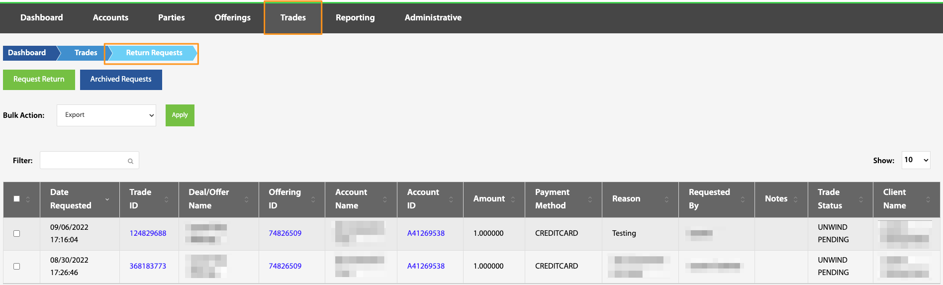 Return Requests table listing return requests with trade and account details