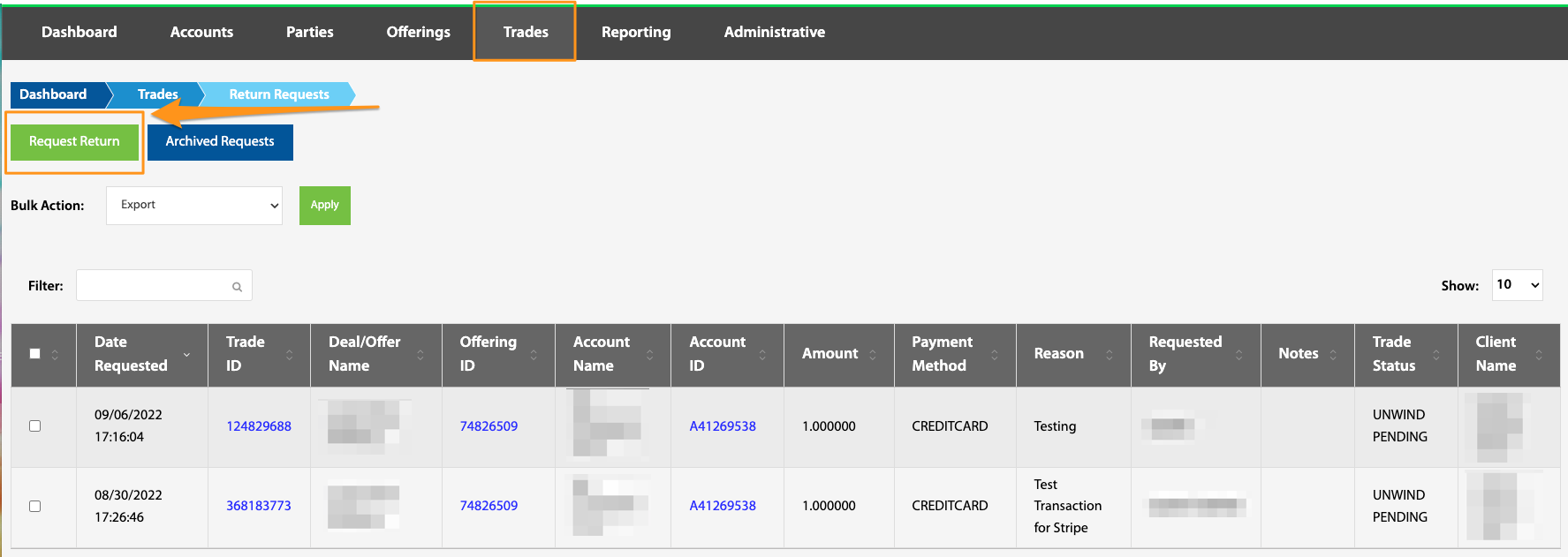 Request Return button highlighted on the Return Requests page