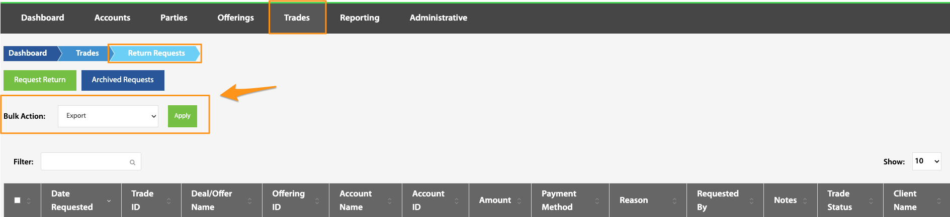 Bulk Action dropdown and Apply button highlighted on the Return Requests page