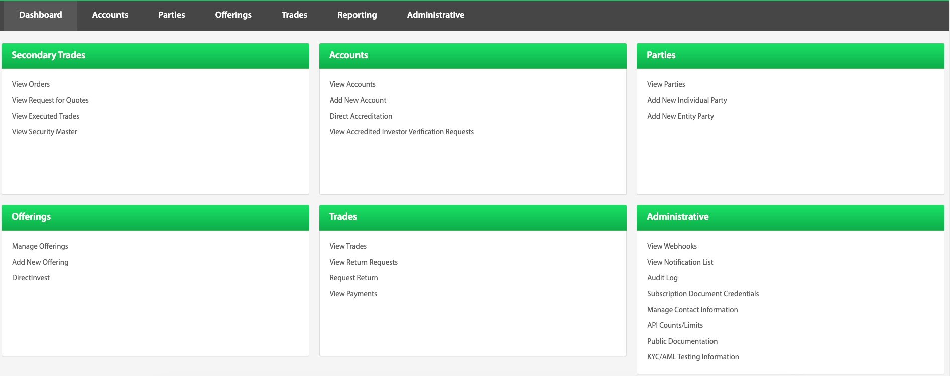 Transact Portal dashboard with Secondary Trades, Accounts, Parties, Offerings, Trades, and Administrative panels