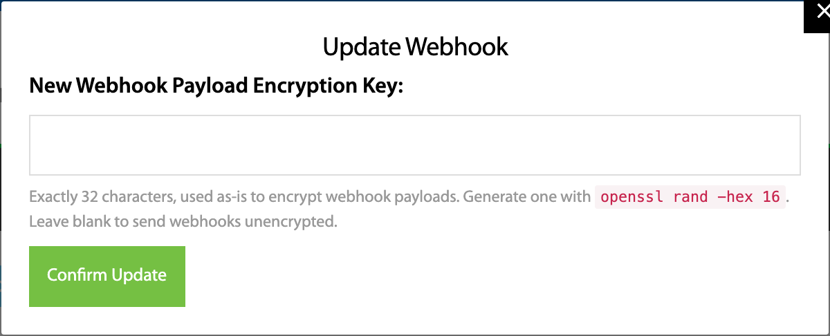 Update Webhook modal with the New Webhook Payload Encryption Key field and Confirm Update button