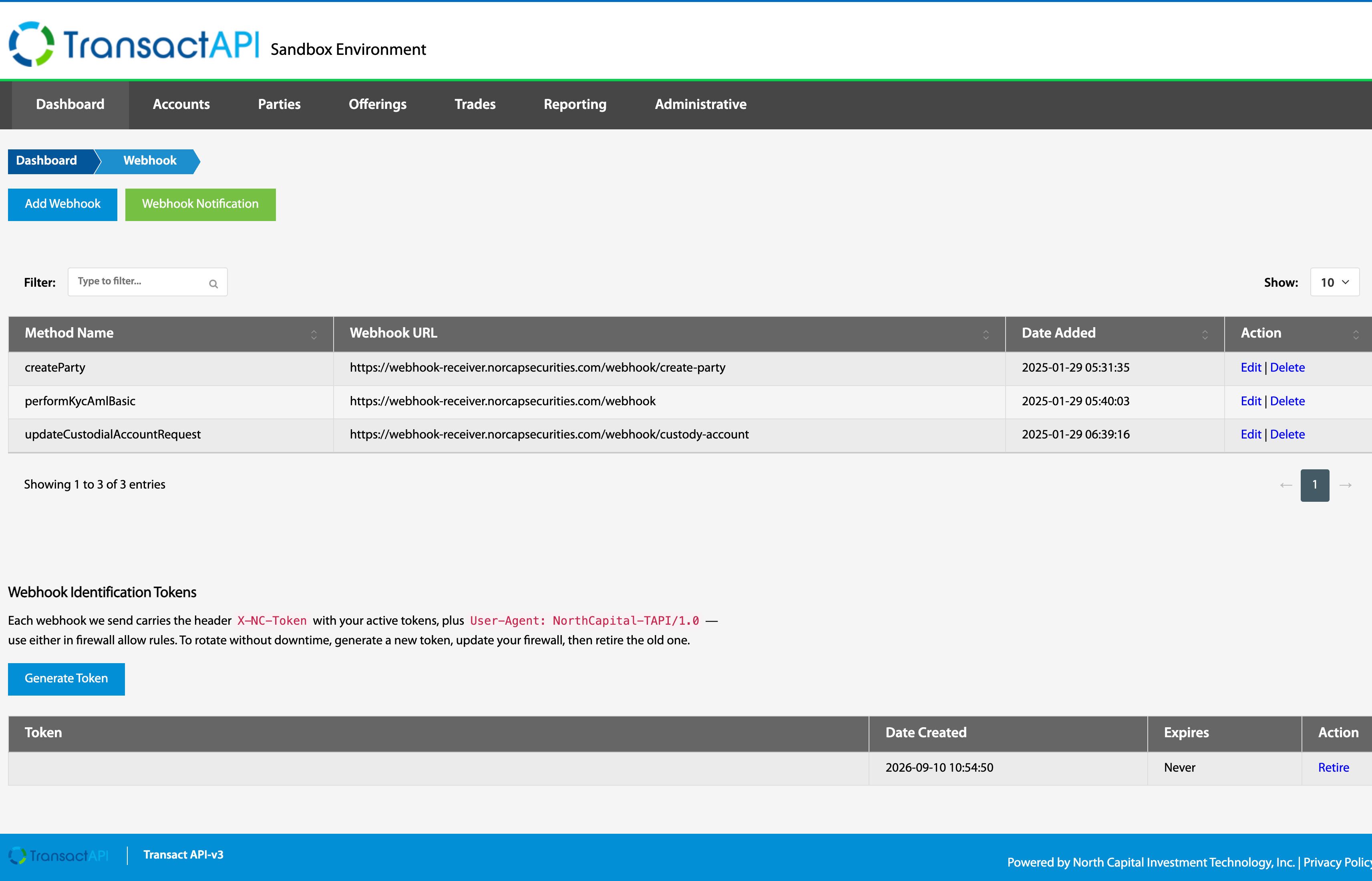 Webhook list with the Webhook Identification Tokens table and a Generate Token button